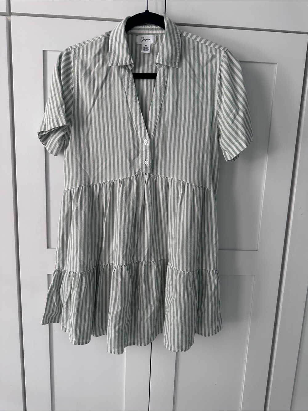 Japna Sage and White Striped Tiered Short-Sleeve Tunic